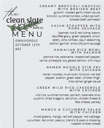 Oct 12th Chef's Choice Menu - Omnivorous - Clean Slate Food Co.