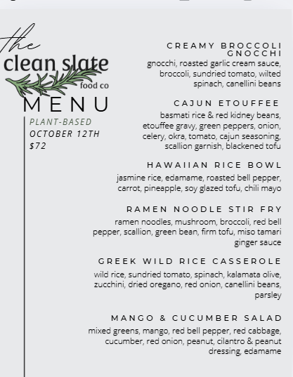 Oct 12th Chef's Choice Menu - Plant Based - Clean Slate Food Co.