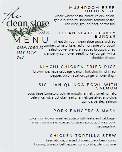 May 11th Chef's Choice Menu - Omnivorous - Clean Slate Food Co.
