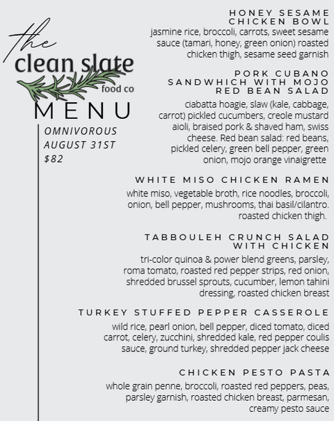 Sep 1st Chef's Choice Menu - Omnivorous - Clean Slate Food Co.