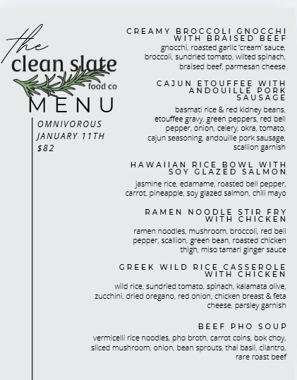 Jan 11th Chef's Choice Menu - Omnivorous - Clean Slate Food Co.