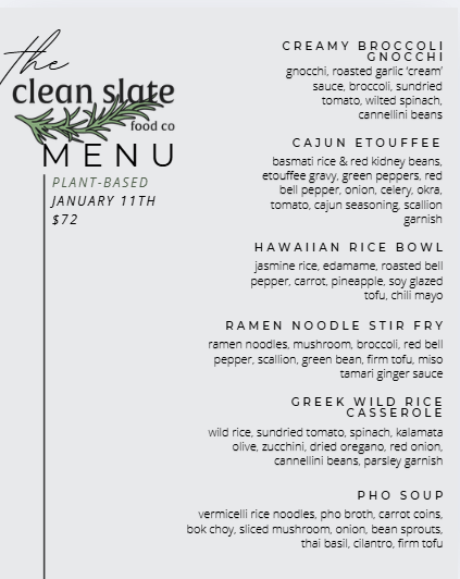 Jan 11th Chef's Choice Menu - Plant Based - Clean Slate Food Co.