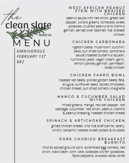 Feb 1st Chef's Choice Menu - Omnivorous - Clean Slate Food Co.