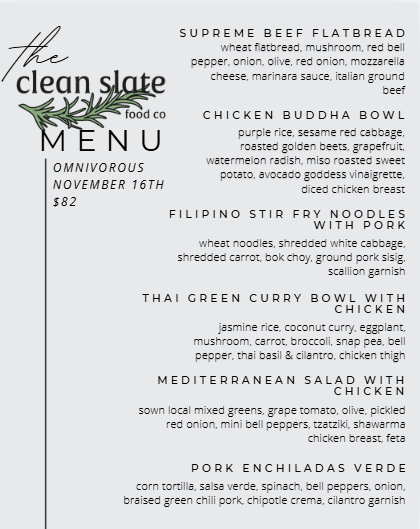 Nov 16th Chef's Choice Menu - Omnivorous - Clean Slate Food Co.