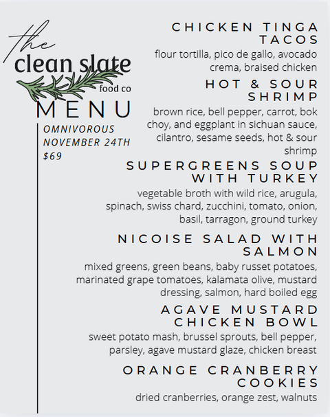 Nov 24th Chef's Choice Menu - Omnivorous - Clean Slate Food Co.