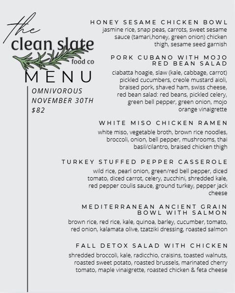 Nov 30th Chef's Choice Menu - Omnivorous - Clean Slate Food Co.