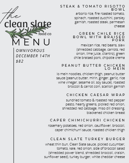 Dec 14th Chef's Choice Menu - Omnivorous - Clean Slate Food Co.