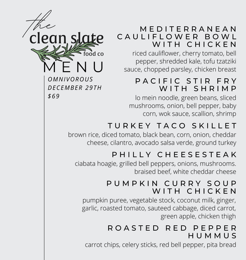 Dec 29th Chef's Choice Menu - Omnivorous - Clean Slate Food Co.