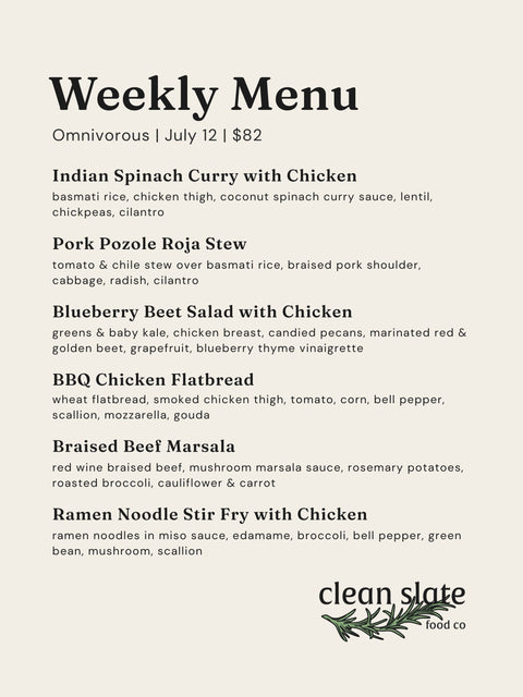 July 12th Chef's Choice Menu - Omnivorous - Clean Slate Food Co.