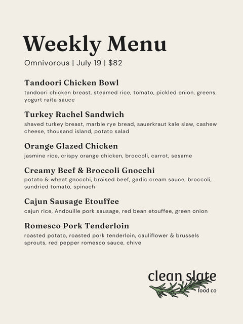 July 19th Chef's Choice Menu - Omnivorous - Clean Slate Food Co.