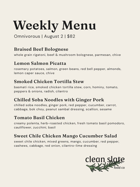 Aug 2nd Chef's Choice Menu - Omnivorous - Clean Slate Food Co.