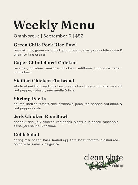 Sep 6th Chef's Choice Menu - Omnivorous - Clean Slate Food Co.