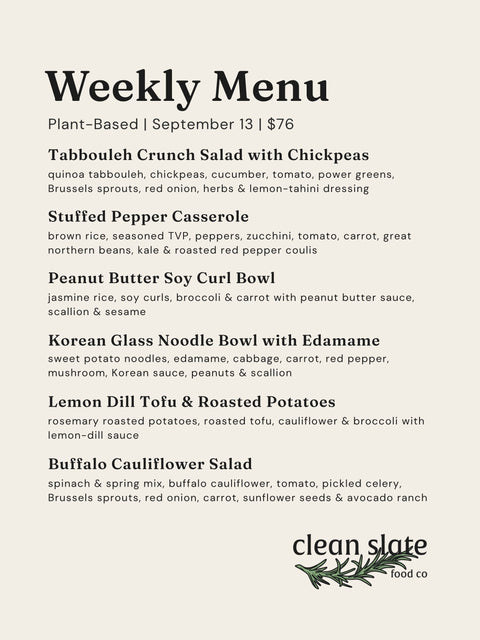 Sep 13th Chef's Choice Menu - Plant Based - Clean Slate Food Co.