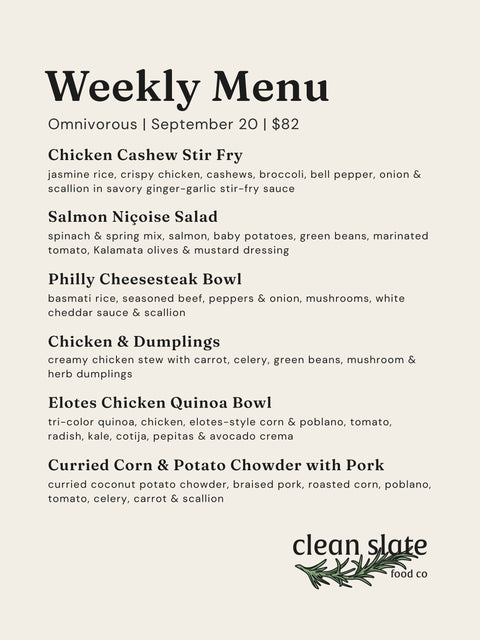 Sep 20th Chef's Choice Menu - Omnivorous - Clean Slate Food Co.