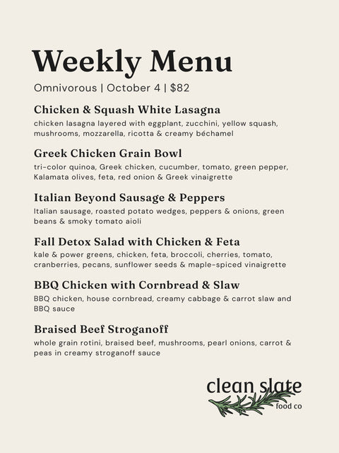 Oct 4th Chef's Choice Menu - Omnivorous - Clean Slate Food Co.