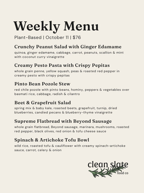 Oct 11th Chef's Choice Menu - Plant Based - Clean Slate Food Co.