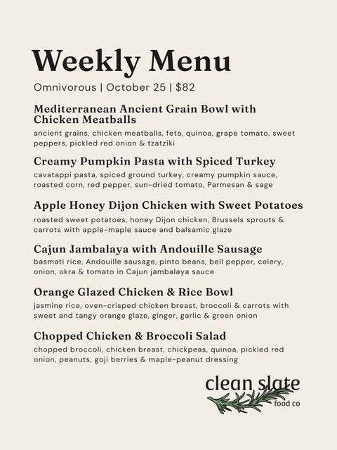Oct 25th Chef's Choice Menu - Omnivorous - Clean Slate Food Co.