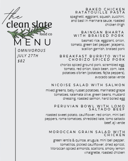 July 27th Chef's Choice Menu - Omnivorous - Clean Slate Food Co.
