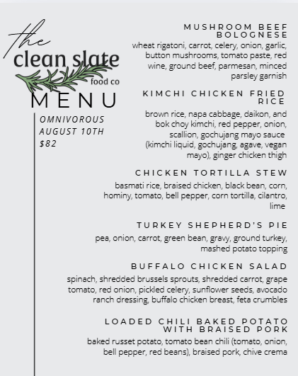 Aug 10th Chef's Choice Menu - Omnivorous - Clean Slate Food Co.