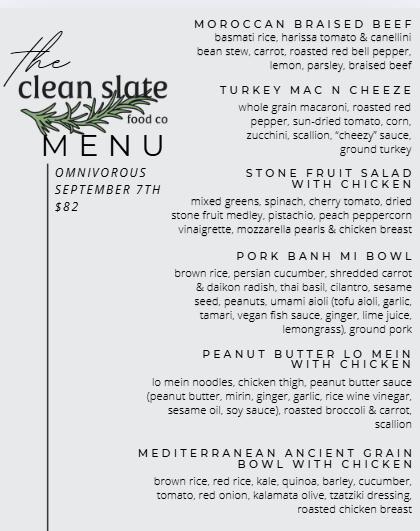 Sep 7th Chef's Choice Menu - Omnivorous - Clean Slate Food Co.