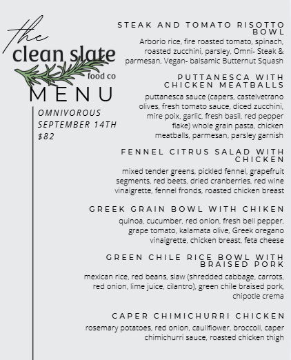Sep 14th Chef's Choice Menu - Omnivorous - Clean Slate Food Co.