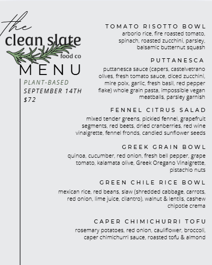 Sep 14th Chef's Choice Menu - Plant Based - Clean Slate Food Co.