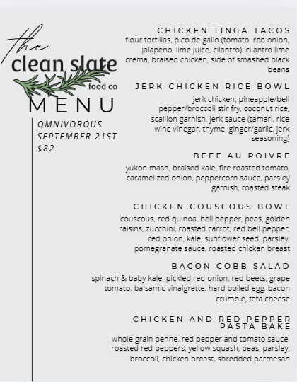 Sep 21st Chef's Choice Menu - Omnivorous - Clean Slate Food Co.