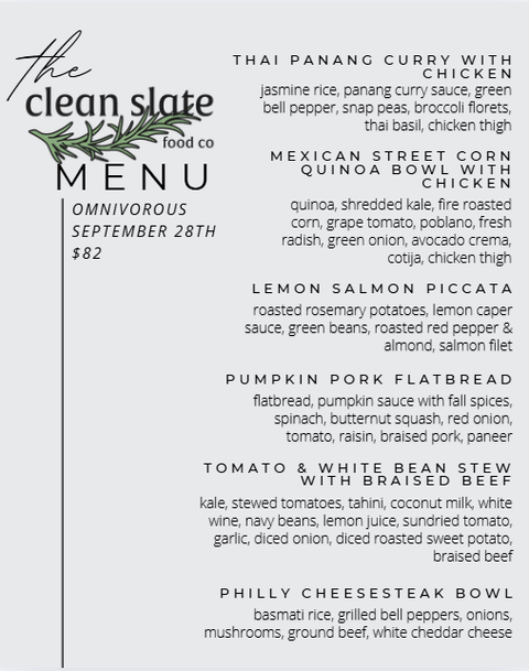Sep 28th Chef's Choice Menu - Omnivorous - Clean Slate Food Co.