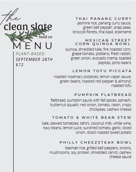 Sep 28th Chef's Choice Menu - Plant Based - Clean Slate Food Co.